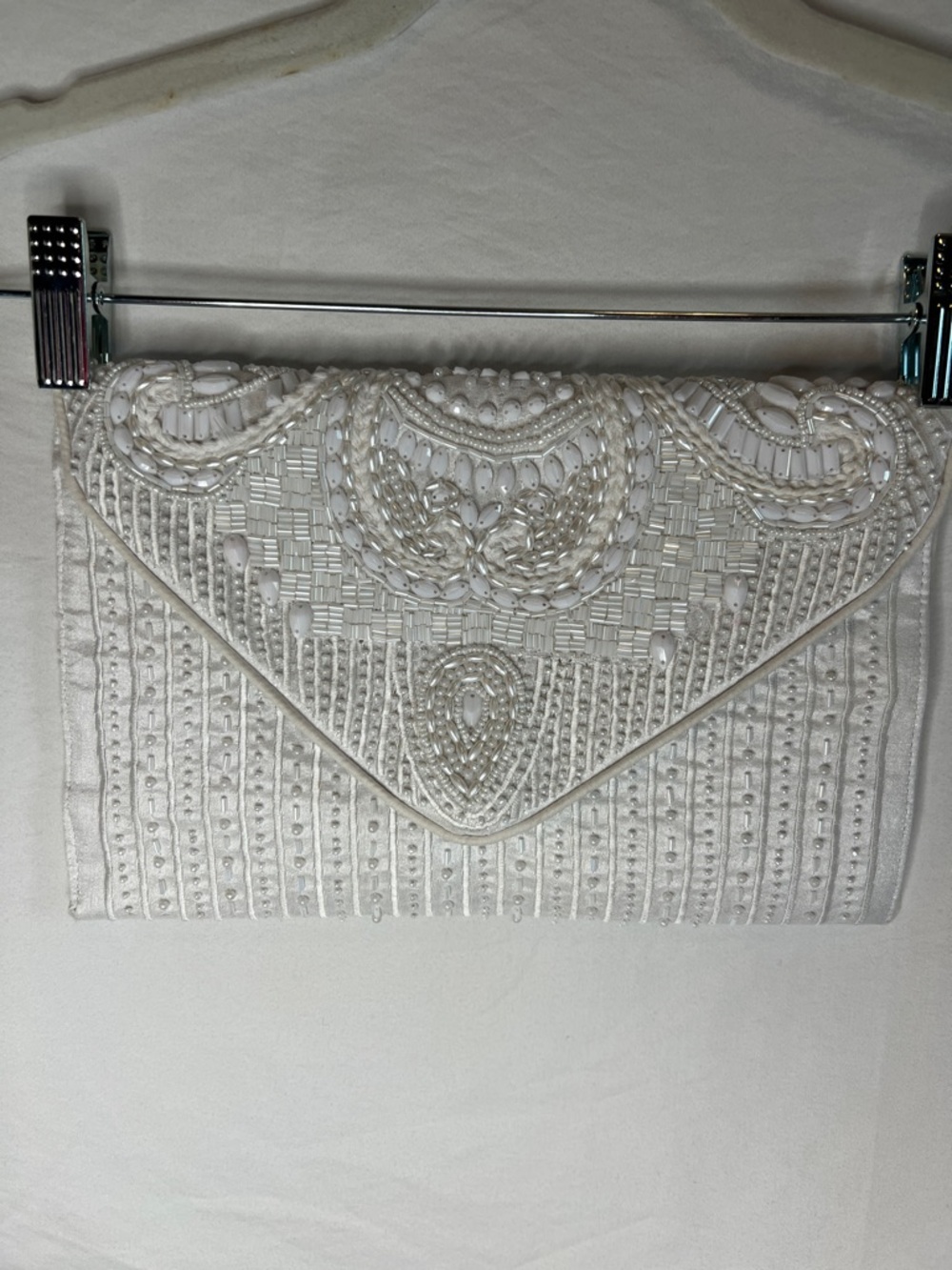 Bridal White Beaded Envelope Clutch with Gold Chain Strap